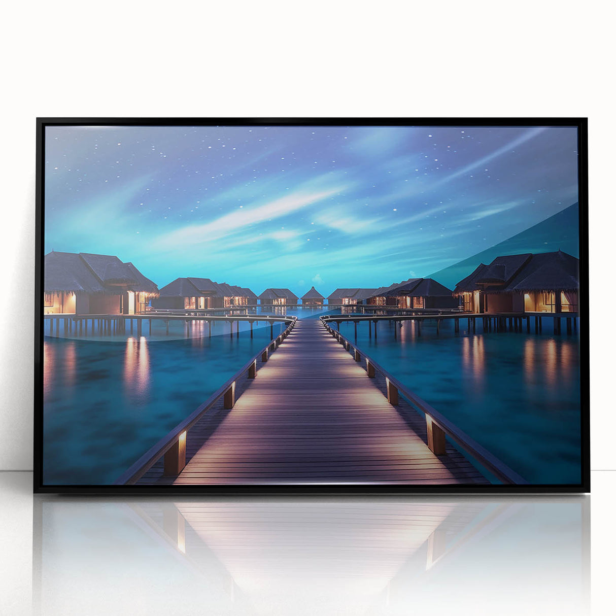 Framed acrylic print of a large abstract depiction of Maldivian scenery in muted blue and green tones.