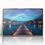 Framed acrylic print of a serene Maldives beach scene in pastel shades, ideal for modern art wall decor.