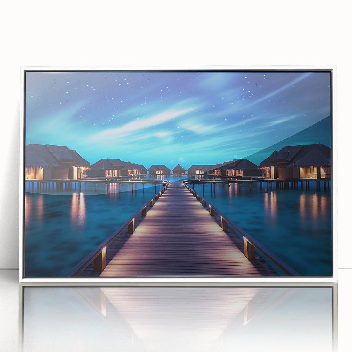 Acrylic print of a serene Maldivian beach with blue waters and white sand, framed in white.