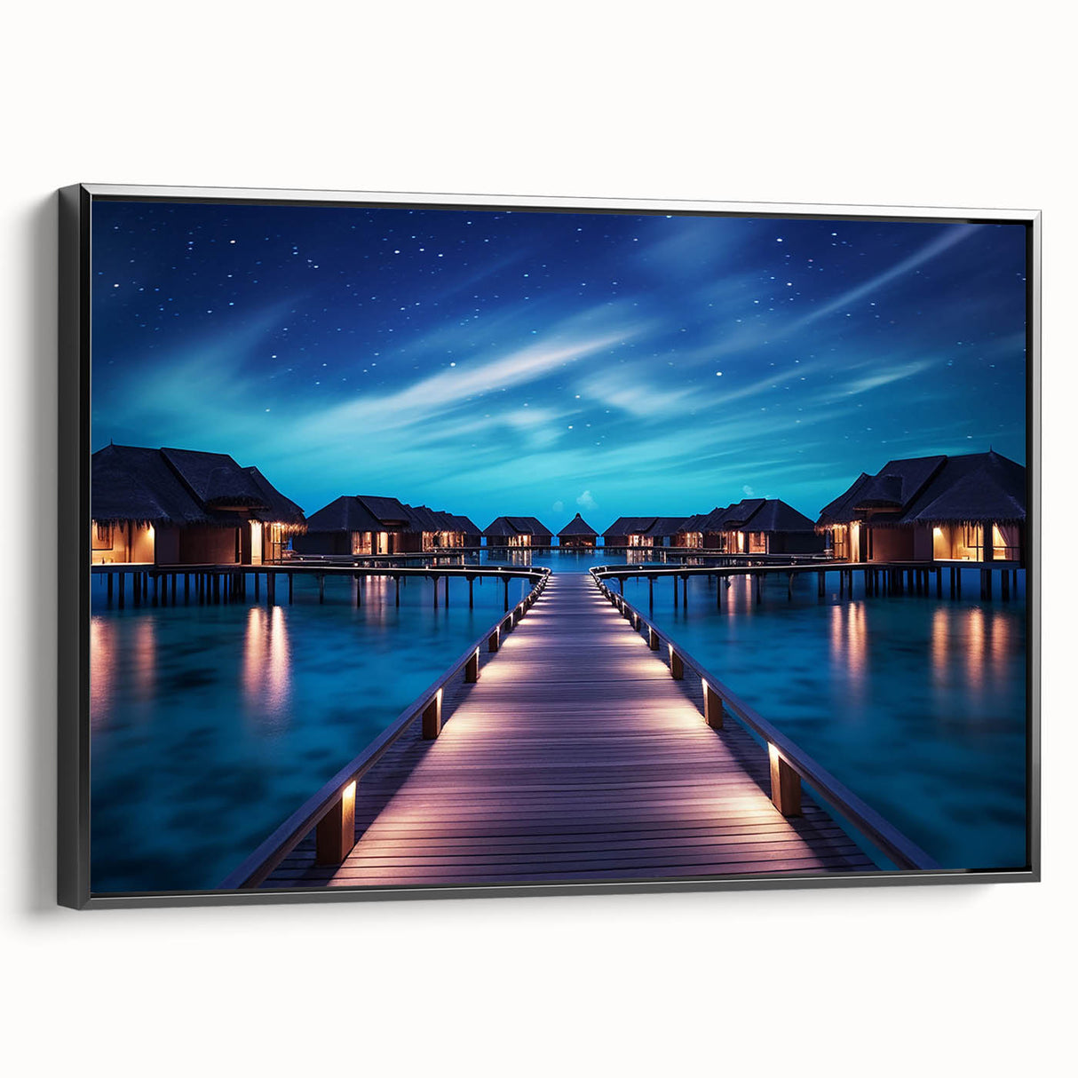 Black and white framed canvas featuring a serene Maldives landscape, ideal for bedroom wall art.