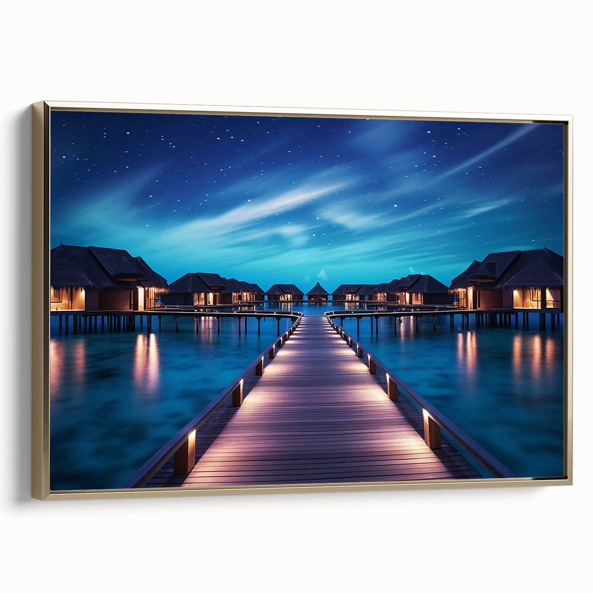 Framed canvas depicting a serene Maldivian landscape, with muted blue and green tones, ideal for bedroom wall art.