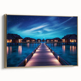 Framed canvas depicting a serene Maldivian landscape, with muted blue and green tones, ideal for bedroom wall art.