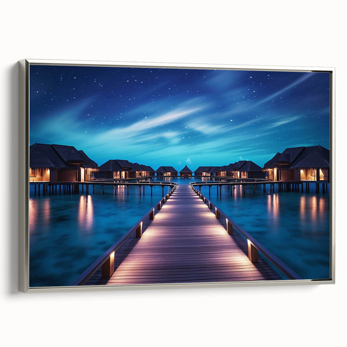 Framed canvas featuring a serene Maldivian landscape with vivid blue and green tones.