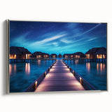 Framed canvas featuring a serene Maldivian landscape with vivid blue and green tones.