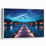 Vintage poster art of a scenic Maldives view on a framed canvas, with vibrant blue and green tones.