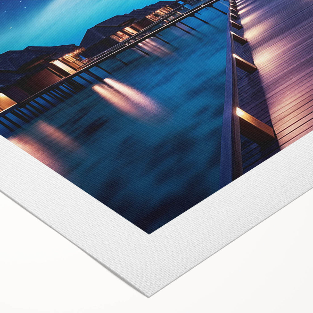 Art deco poster of a serene Maldives beach scene in soft blue and white tones on rolled canvas.