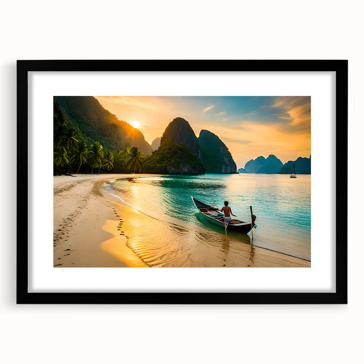 Extra large abstract art print of colorful, textured scenery, in a black frame with mat, suitable for living room decor.