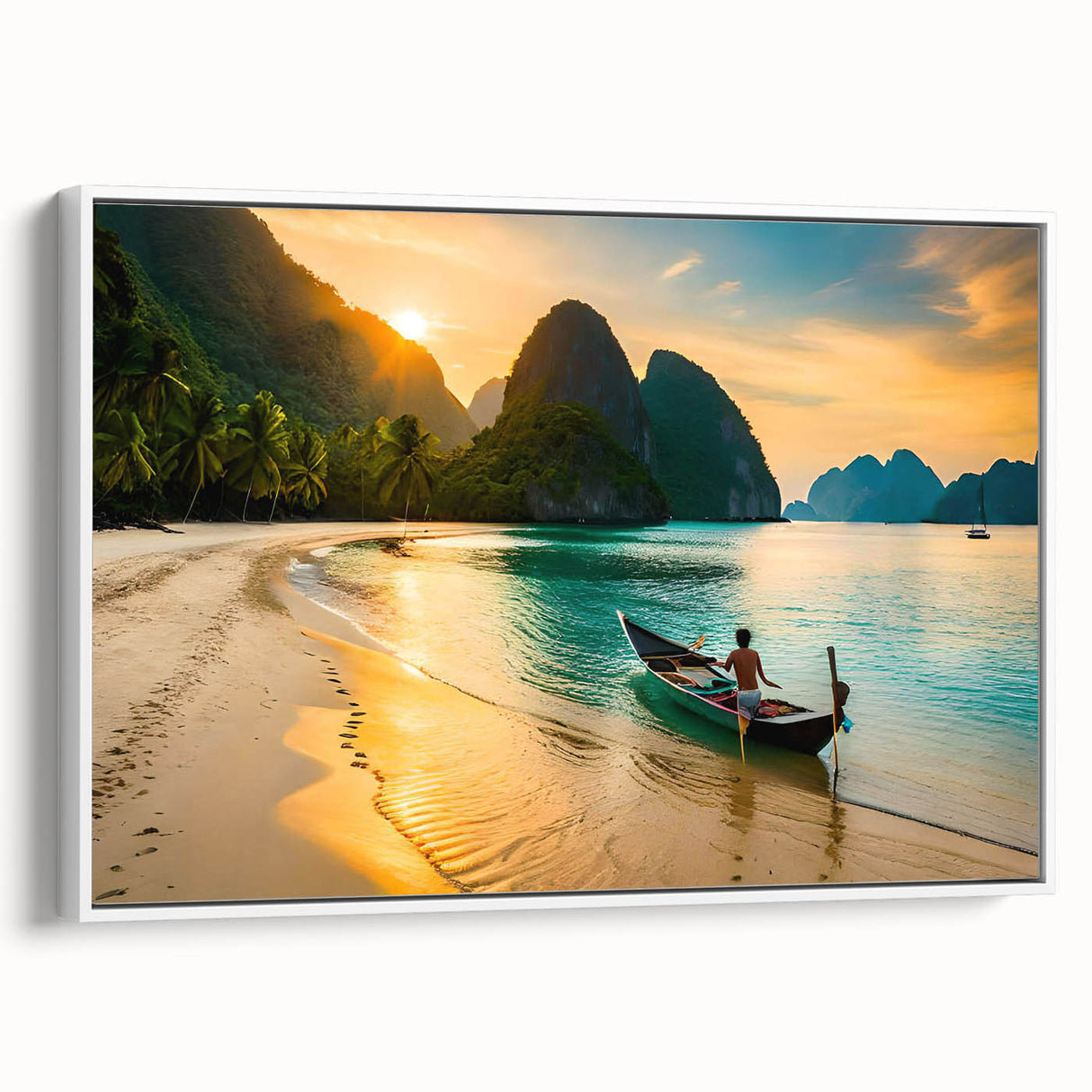 Vintage poster art of a Philippine scenery on extra large framed canvas, featuring colorful art against a black background.