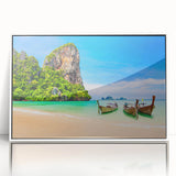 Art deco poster of a Thai scenery in muted green and blue tones, framed acrylic, ideal for modern art wall decor.