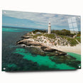 Acrylic print of Perth, Australia skyline in muted blues and greens, suited for dining room or bedroom decor.