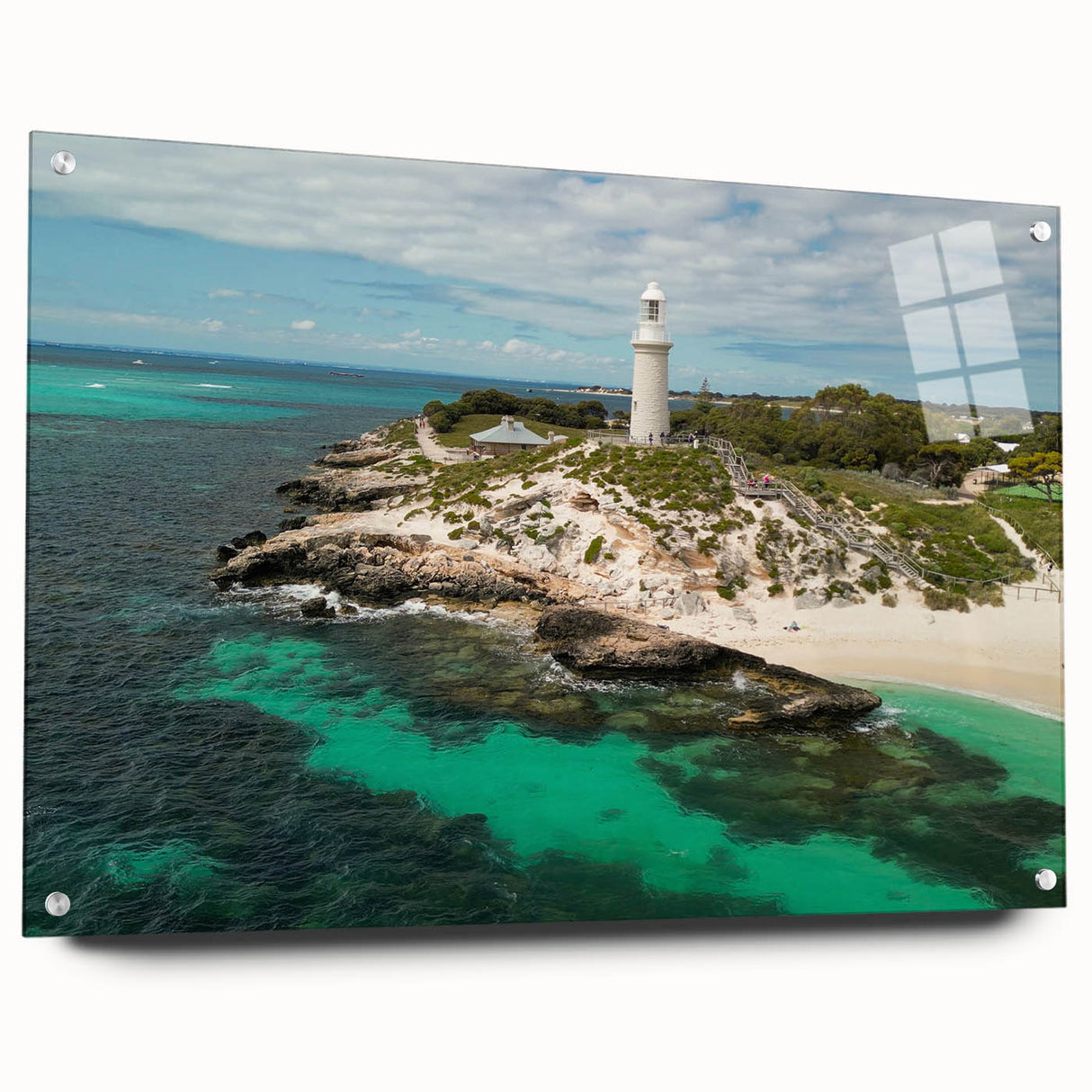 Acrylic print of Perth, Australia skyline in muted blues and greens, suited for dining room or bedroom decor.