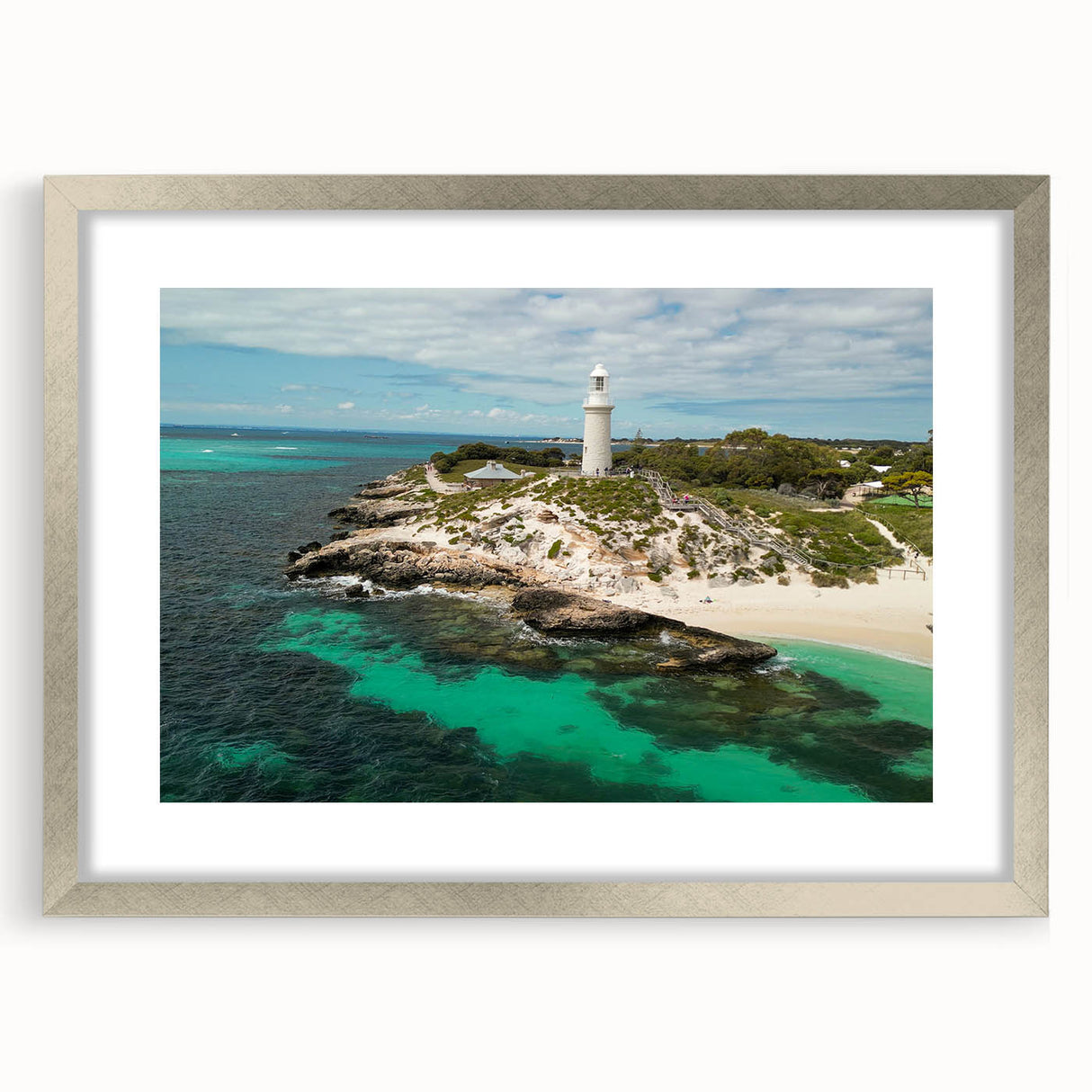 Abstract art print of Perth scenery in silver frame with muted blue and gray tones.