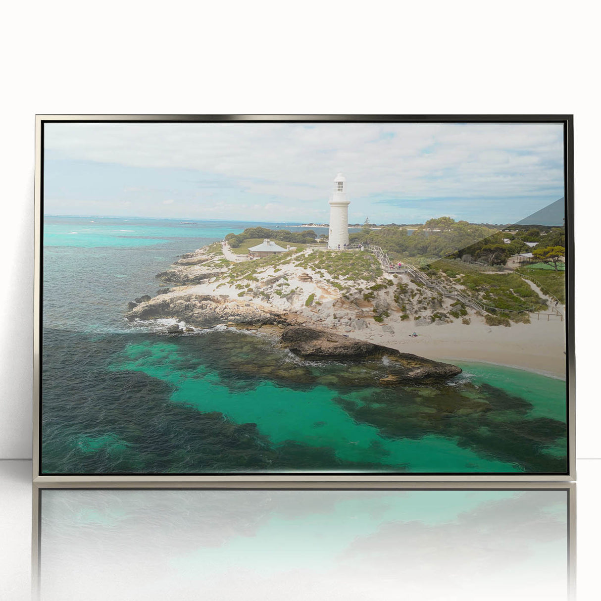 Modern art wall decor featuring a serene Perth landscape, acrylic print in silver frame, ideal for nursery wall placement.