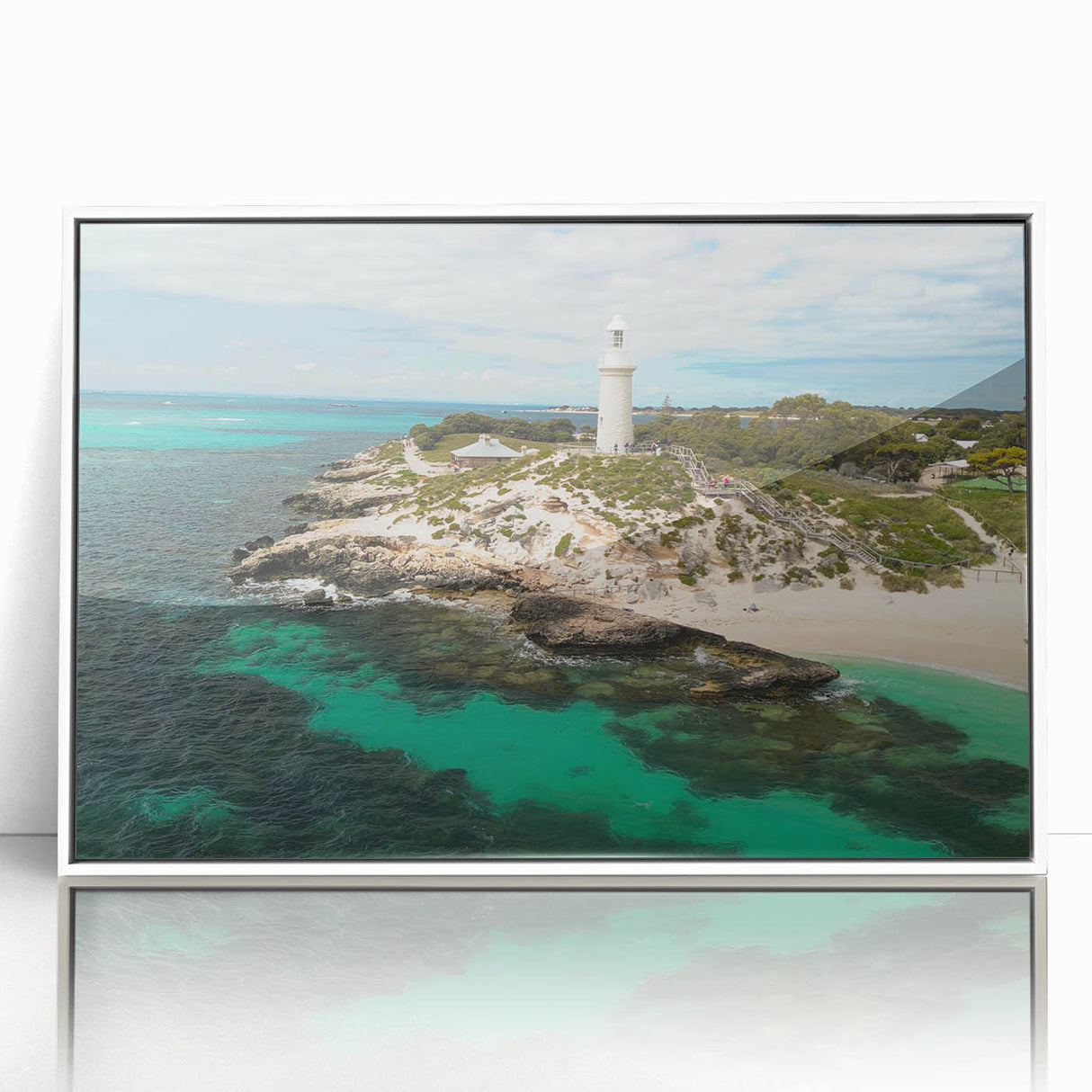 Large art print of Perth, Australia skyline in muted blue tones on white framed acrylic, suited for modern nursery decor.