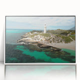 Large art print of Perth, Australia skyline in muted blue tones on white framed acrylic, suited for modern nursery decor.