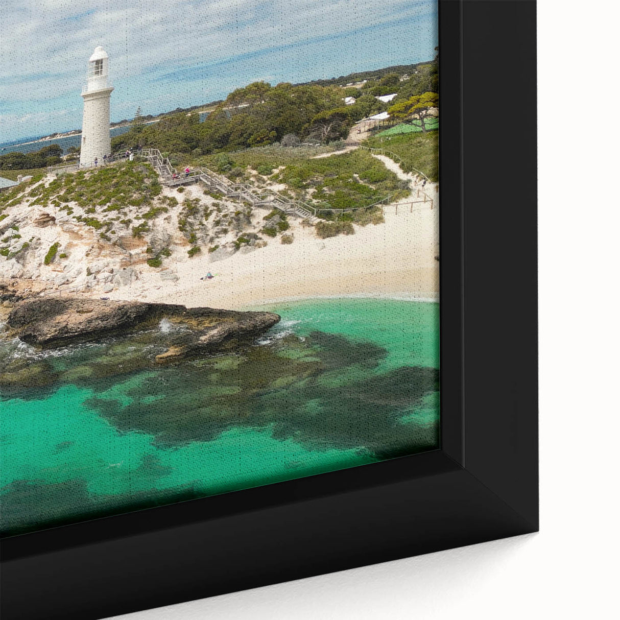 Framed canvas depicting a textured, colorful portrayal of the Perth skyline, ideal for living room decor.