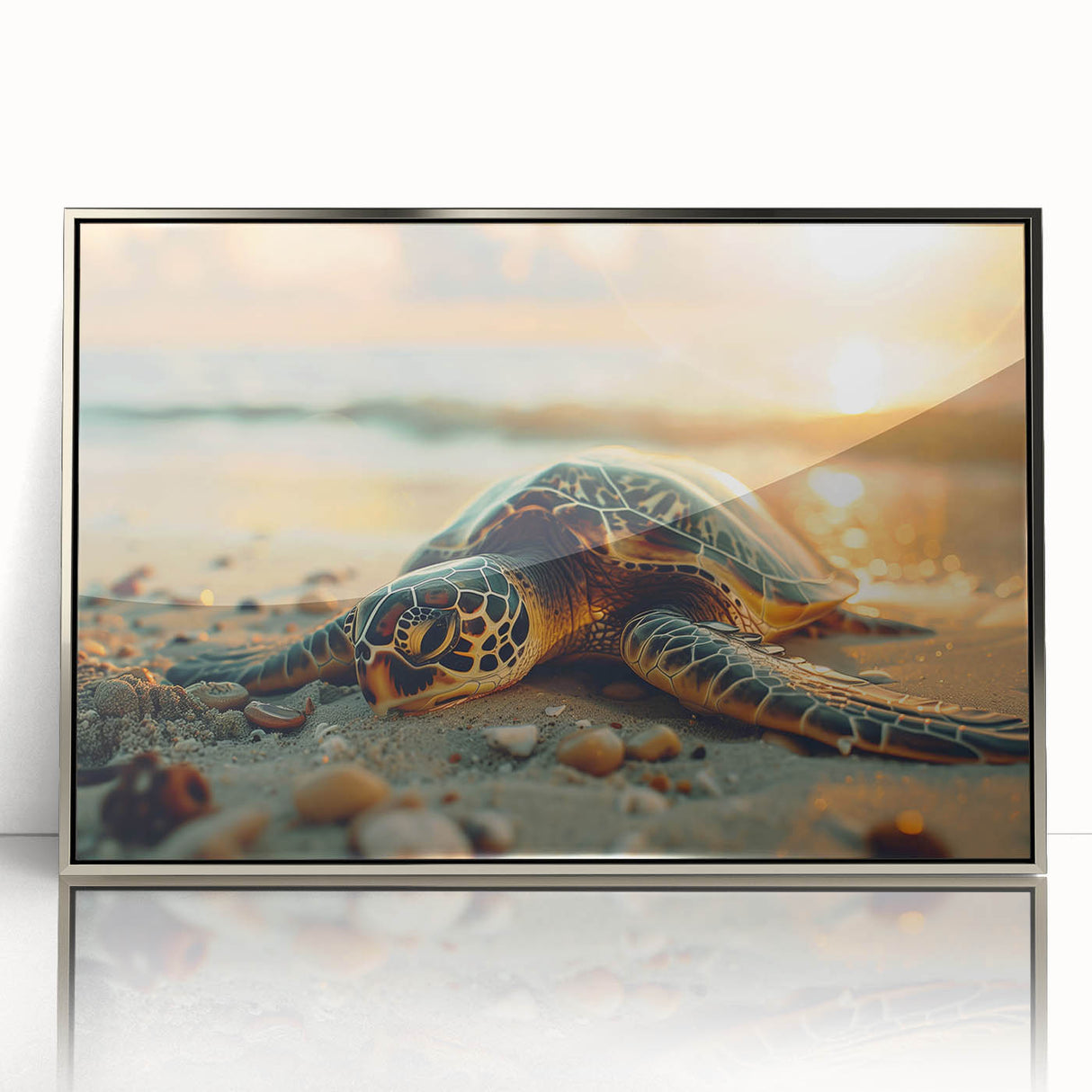 Large acrylic print of a serene Puerto Rican coastline in muted blues and greens, framed in silver.