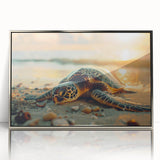 Large acrylic print of a serene Puerto Rican coastline in muted blues and greens, framed in silver.