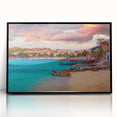 Large abstract wall art depicting a European Albanian scenery in muted earth tones on a framed acrylic.