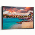 Black and white vintage poster art of an Albanian landscape on framed canvas, ideal for bedroom wall decor.