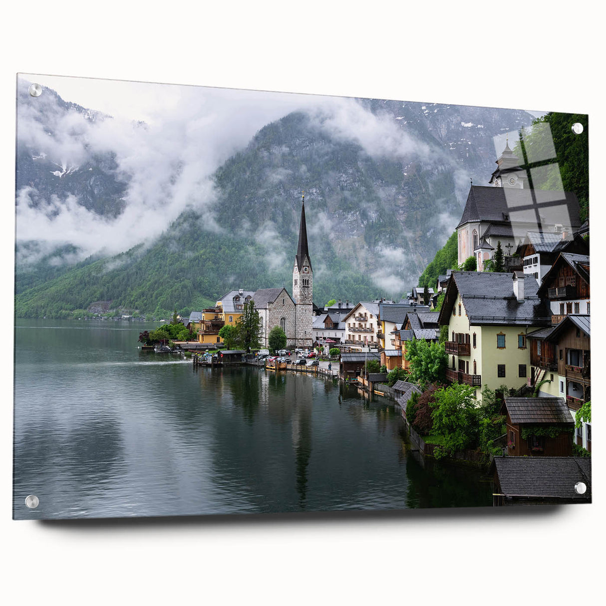 Large abstract wall art depicting a European landscape in muted blue and green tones on acrylic glass.