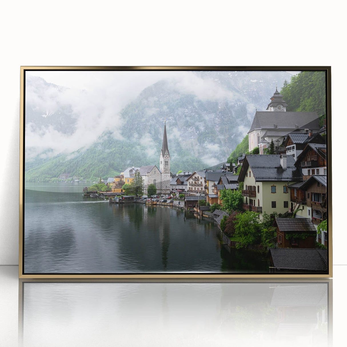 Art deco poster of a European scenery in Austria with muted gold tones on framed acrylic, suitable for modern art wall decor.
