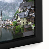 Extra large black wall art depicting a textured Austrian scenery in colorful tones, framed canvas.
