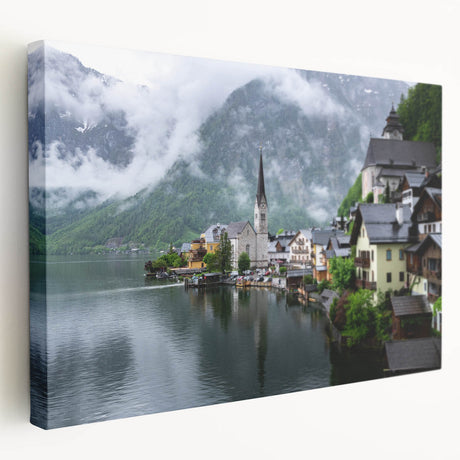 Large art print of an Austrian landscape on stretched canvas, featuring lush green fields and distant mountains.