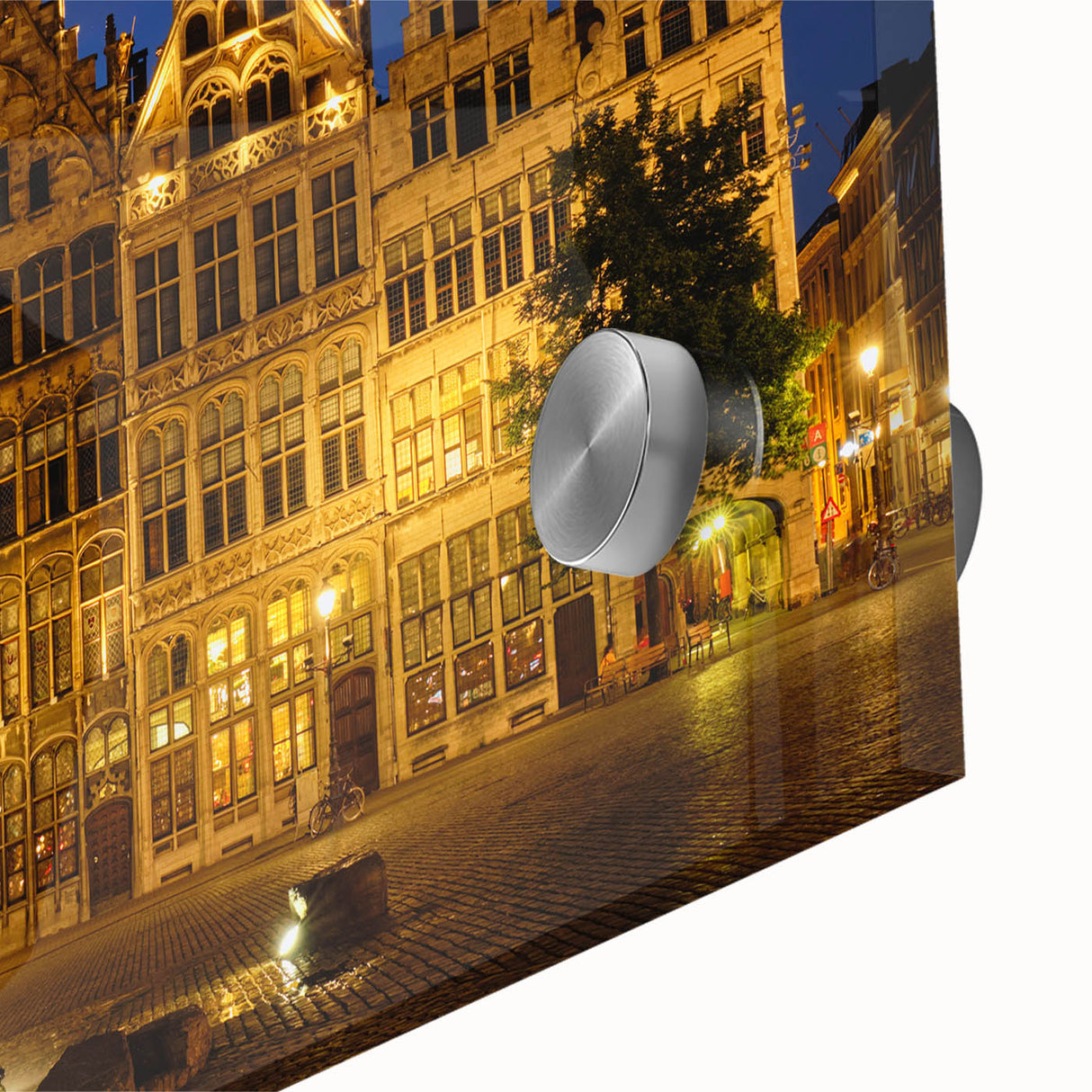 Large abstract wall art of a European scenery in muted earth tones on acrylic glass, ideal for dining room ambiance.
