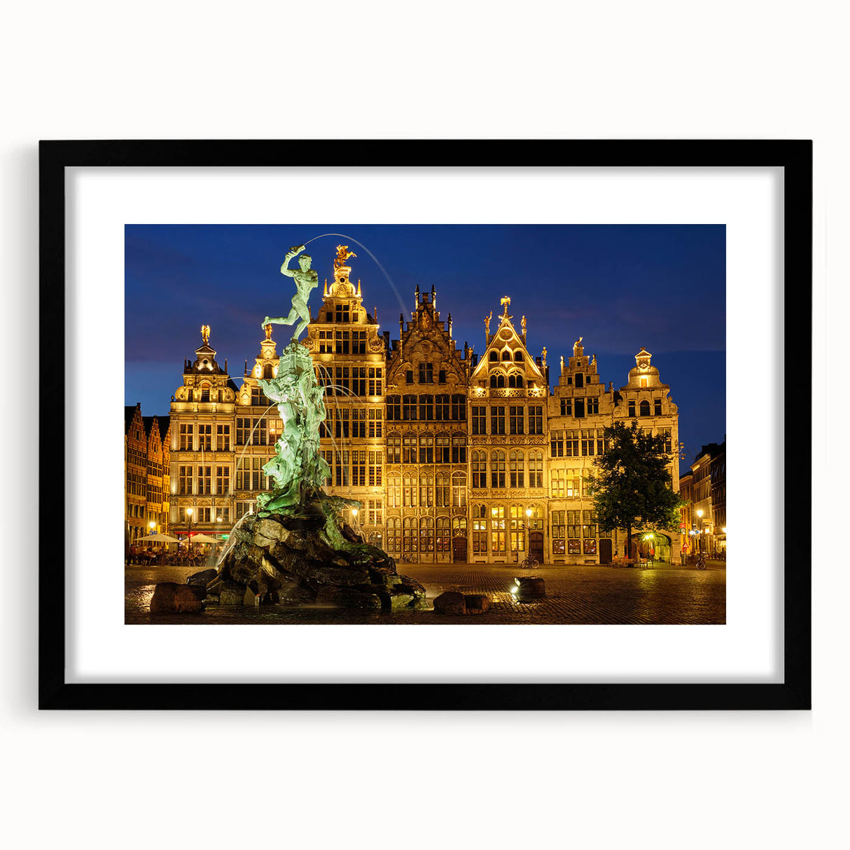 Extra large abstract art print of a colorful European scenery on a textured canvas, framed in black.