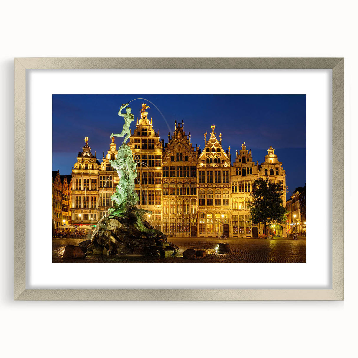 Extra large abstract art print of a European scenery in muted earth tones on a framed canvas, ideal for living room decor.