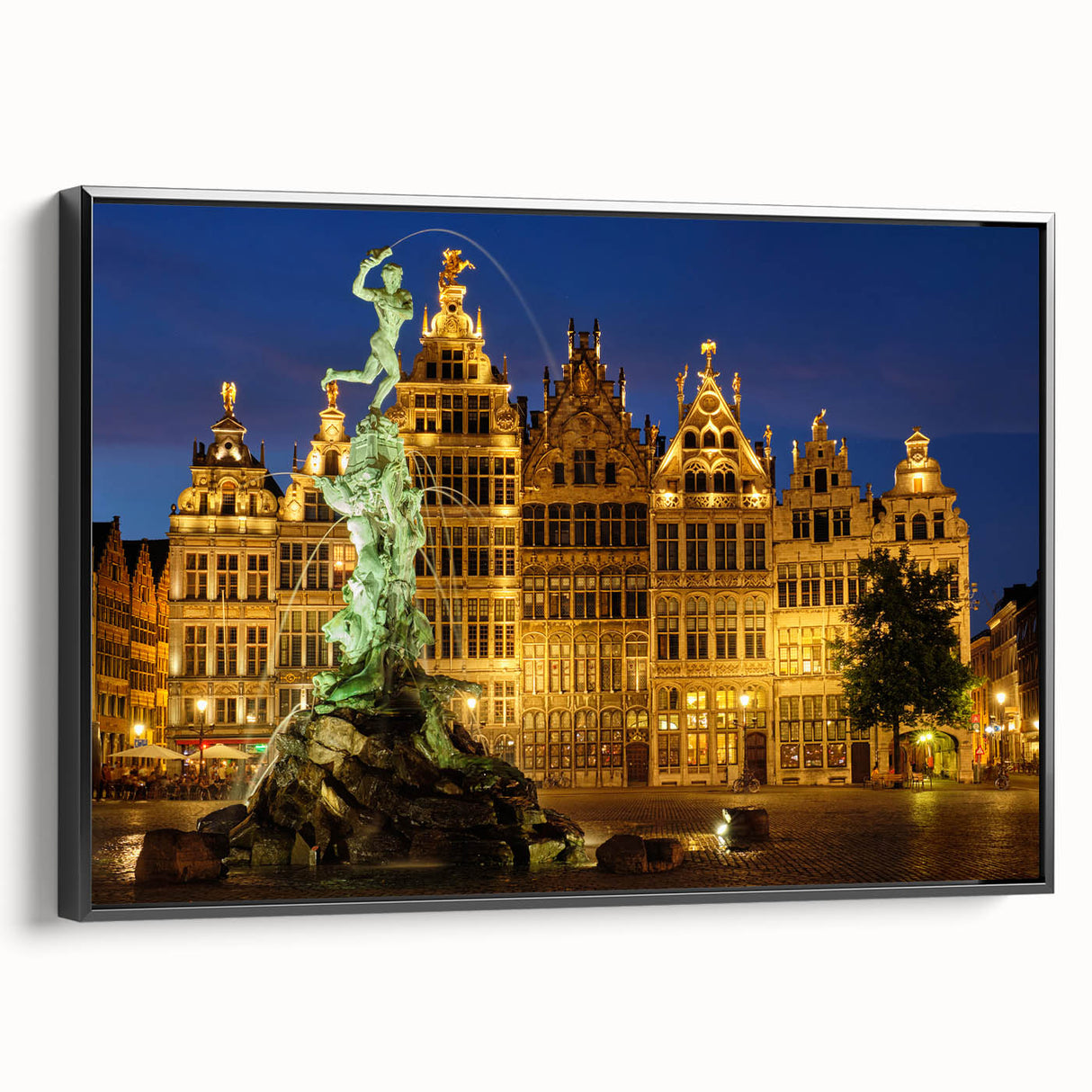 Black and white vintage poster art of a European landscape on framed canvas, suitable for bedroom decor.