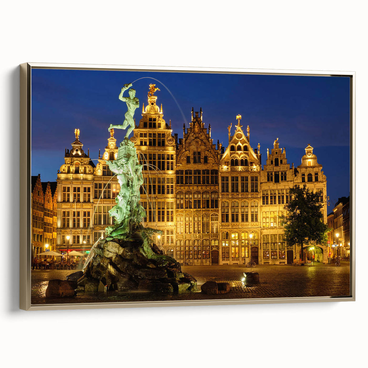 Framed canvas depicting a vintage-style Belgian landscape in muted gold and black tones, ideal for bedroom wall decor.