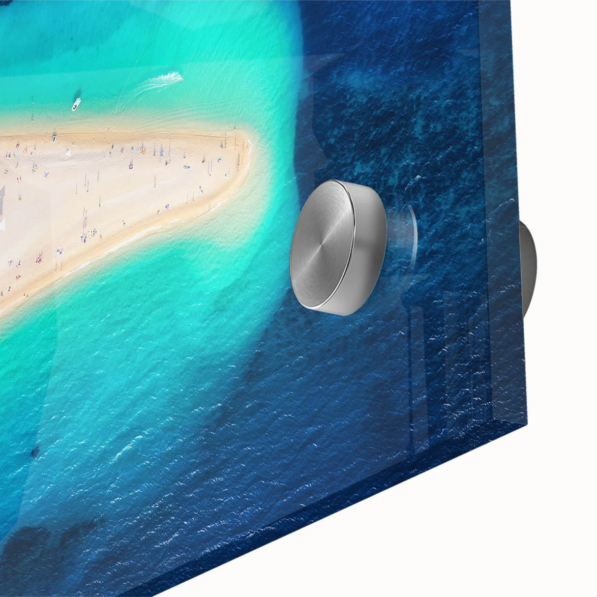 Large abstract wall art depicting the Croatian coastline in muted blue and green tones on acrylic glass.