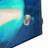 Large abstract wall art depicting the Croatian coastline in muted blue and green tones on acrylic glass.
