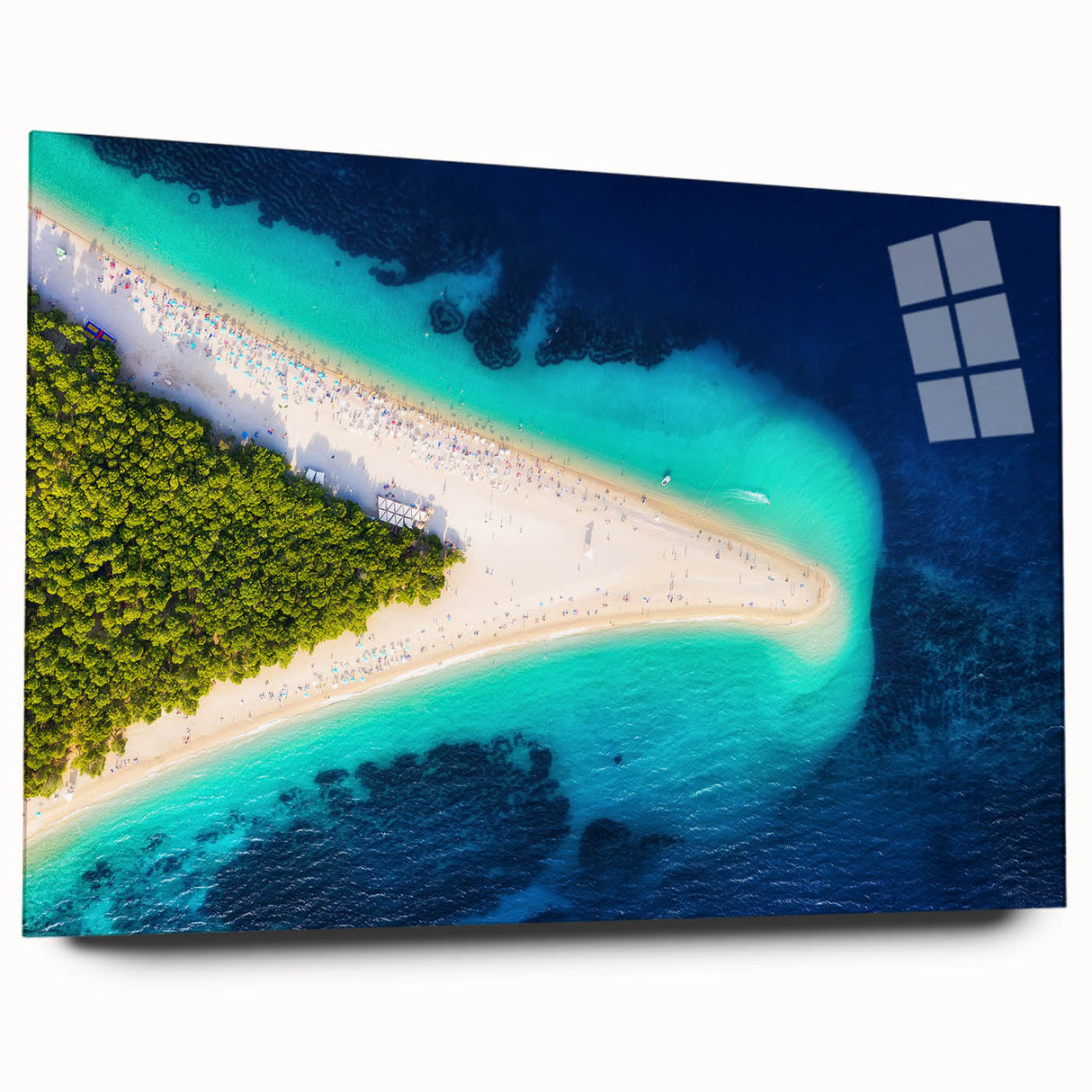 Large abstract wall art depicting a European Croatian coast scene in muted blue and green hues, acrylic print.