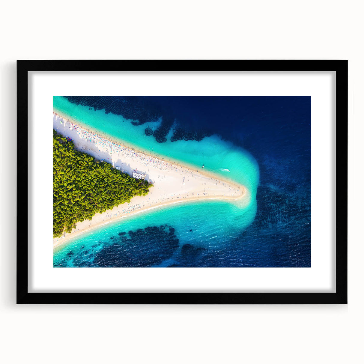 Colorful abstract art print of a European Croatian landscape, in a black frame with mat, ideal for living room decor.