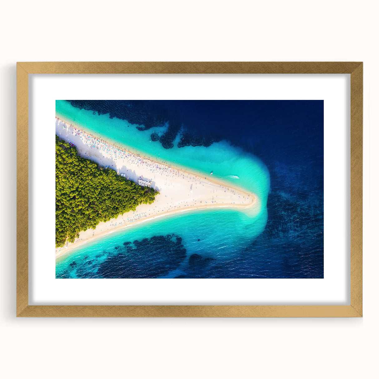 Abstract art print of a European landscape in muted blues and greens on a framed gold canvas.