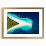 Abstract art print of a European landscape in muted blues and greens on a framed gold canvas.