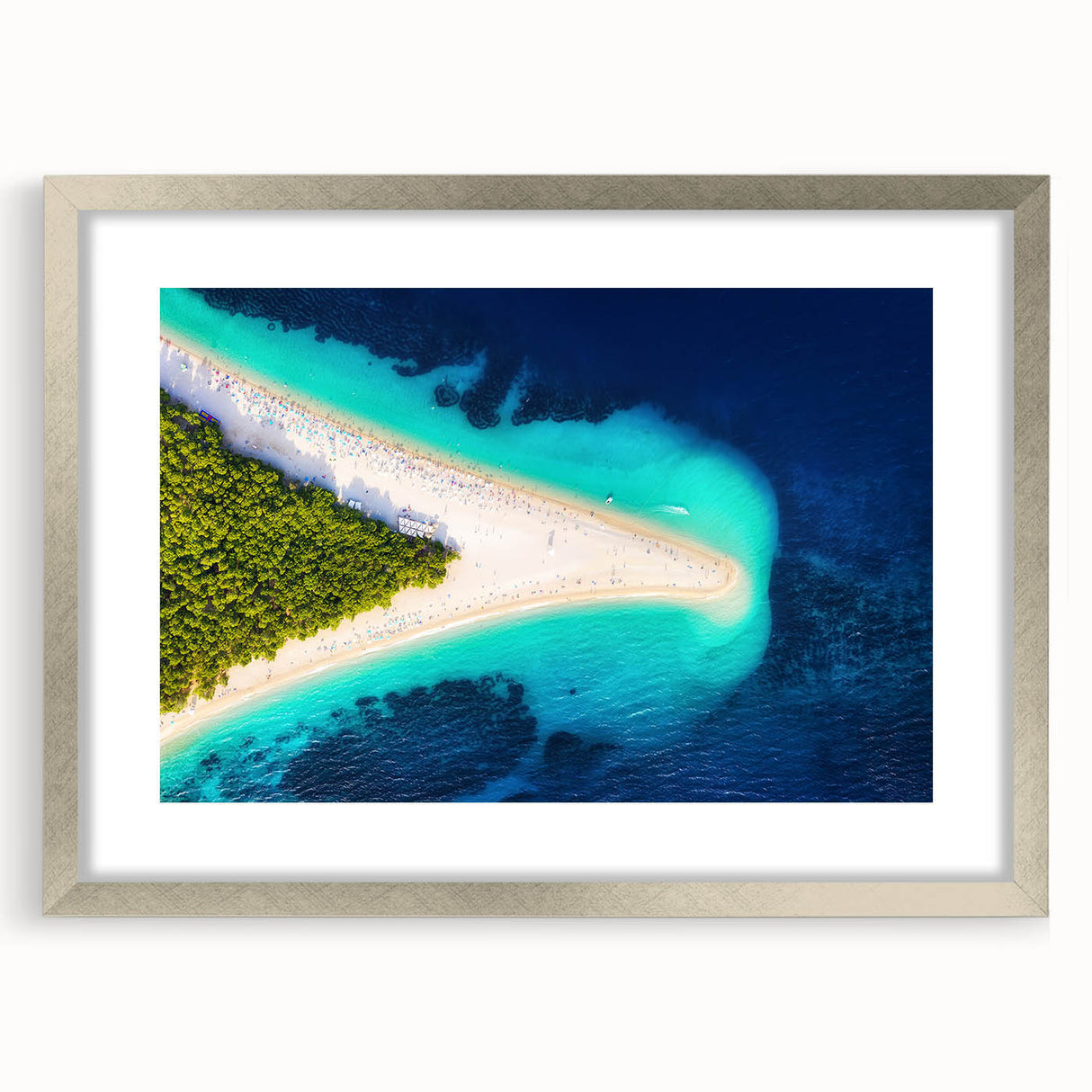 Extra large abstract art print of a textured European scenery in silver frame, suited for living room decor.