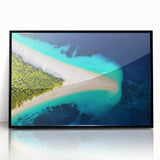 Large abstract wall art of a Croatian landscape in mid-century modernist style, framed in black acrylic.