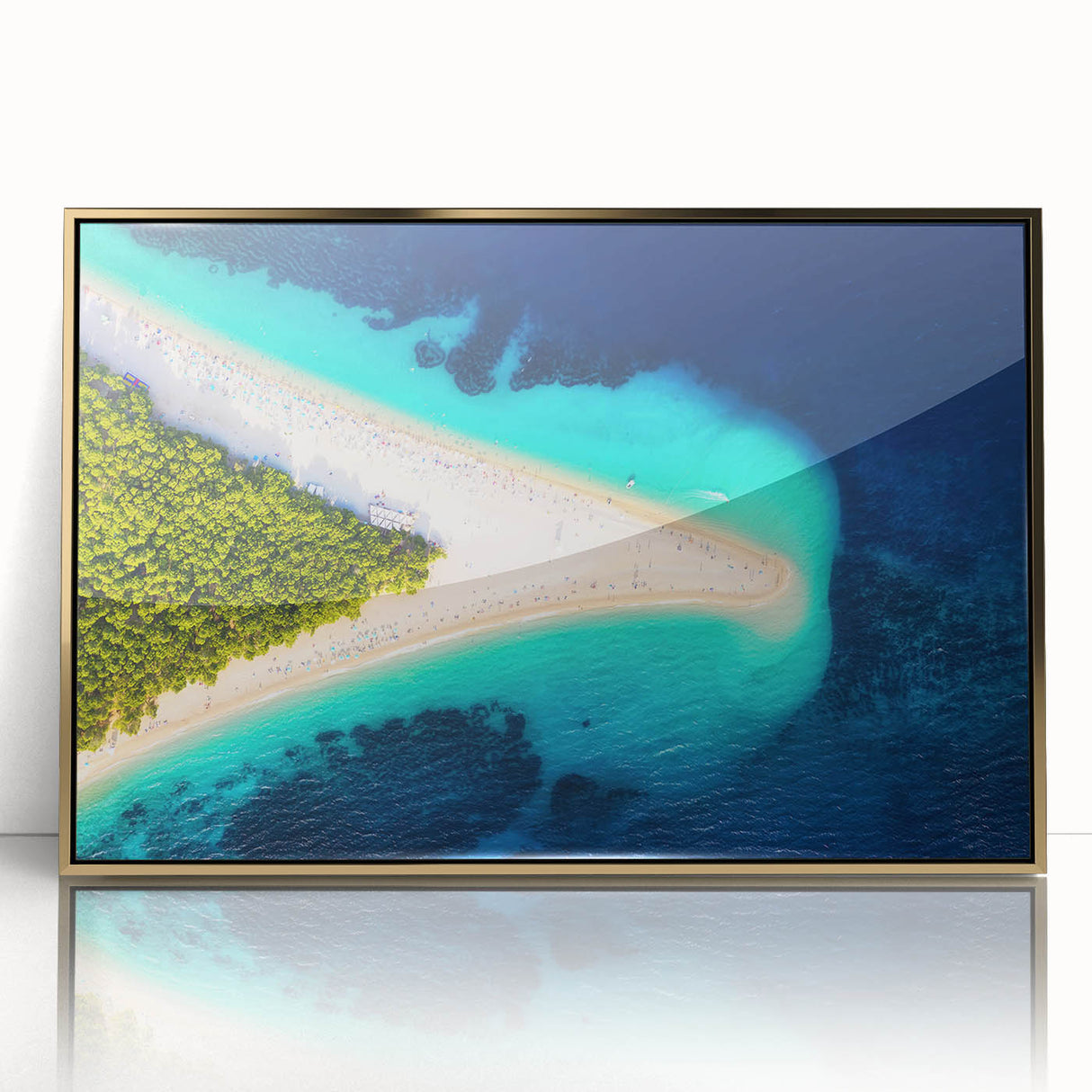 Art Deco style poster of a Croatian landscape in muted gold and blue tones, framed acrylic.