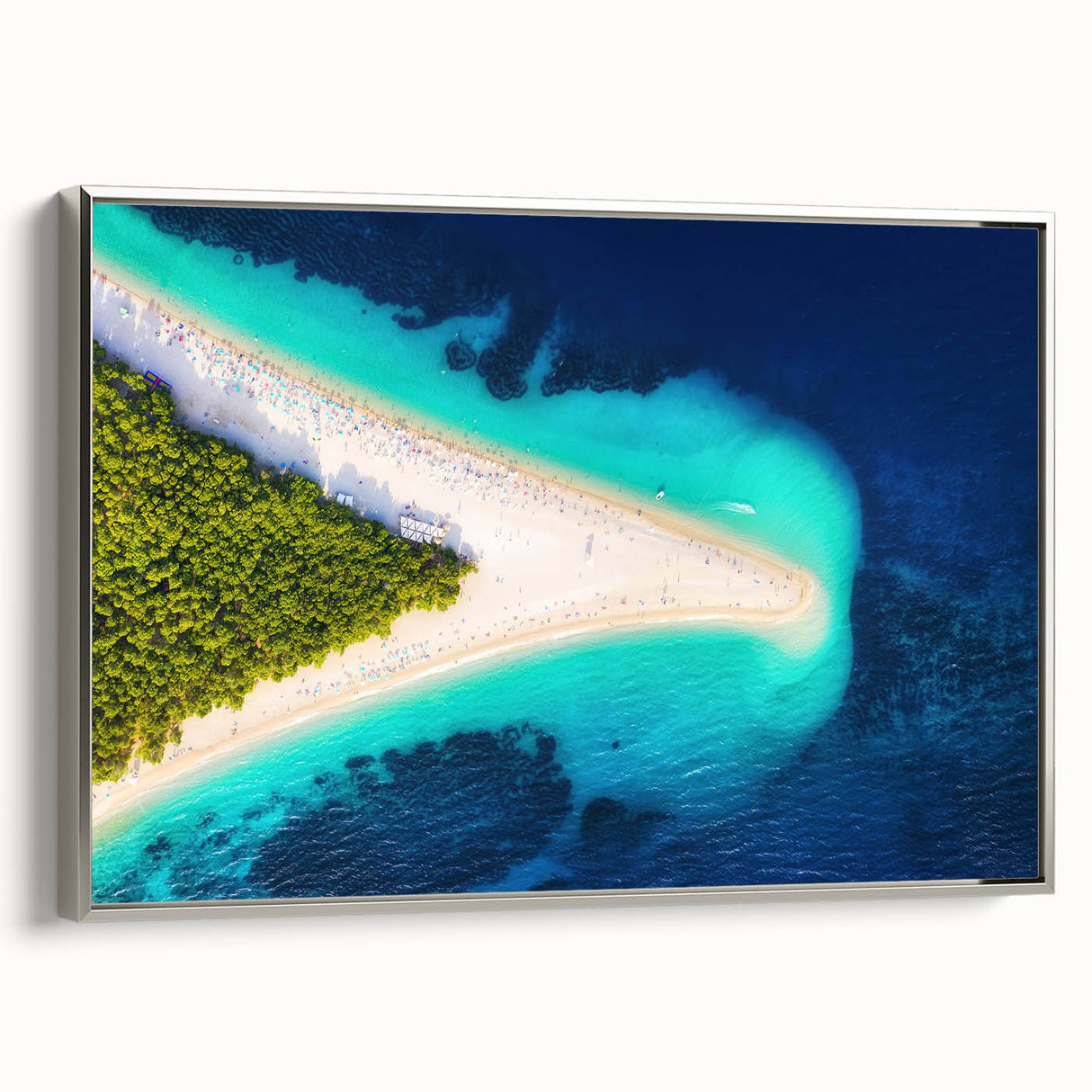 Framed canvas depicting a vintage-style Croatian landscape with vibrant, colorful art on a black background.