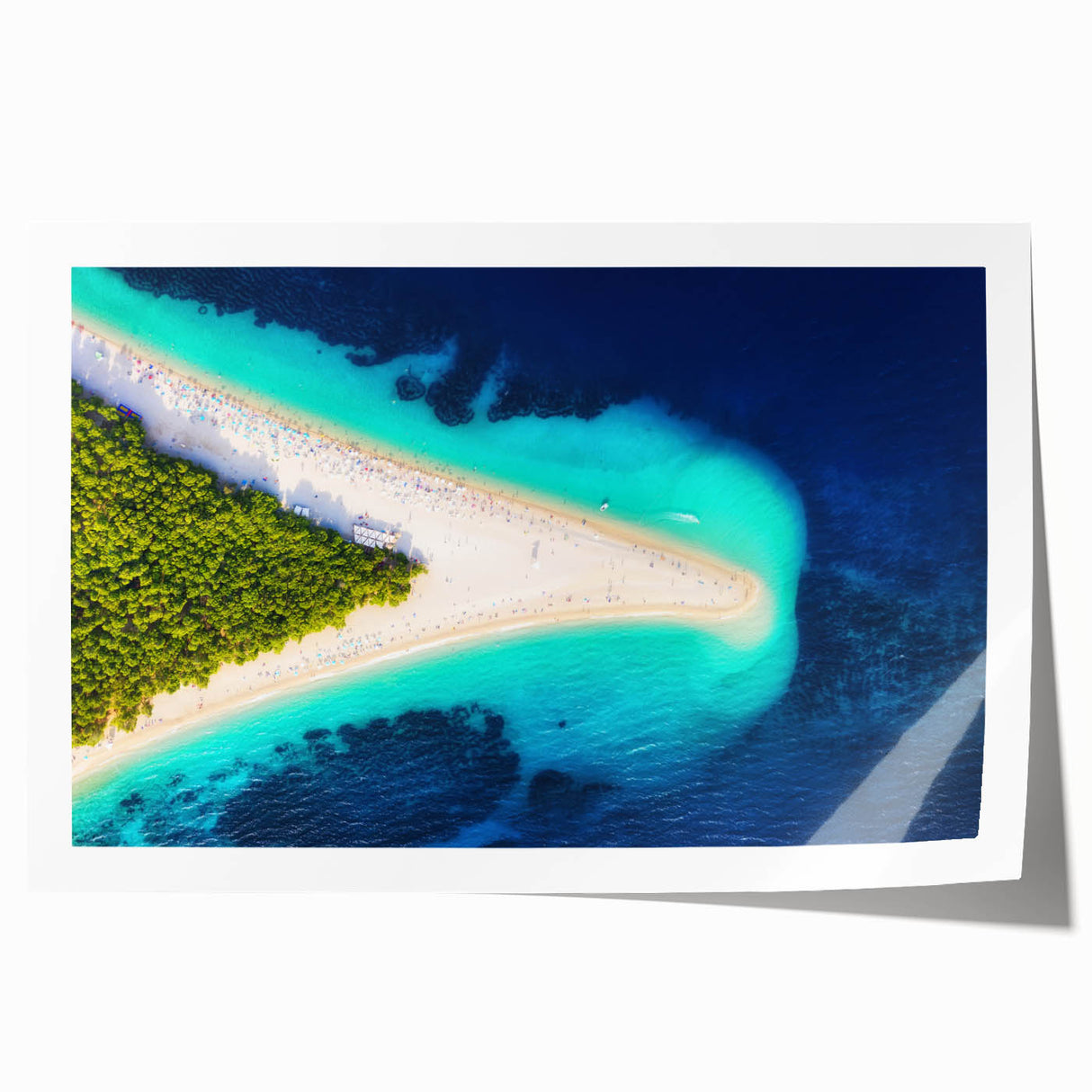 Rolled print of a Croatian landscape with vibrant green and blue tones, ideal for art wall dining room placement.