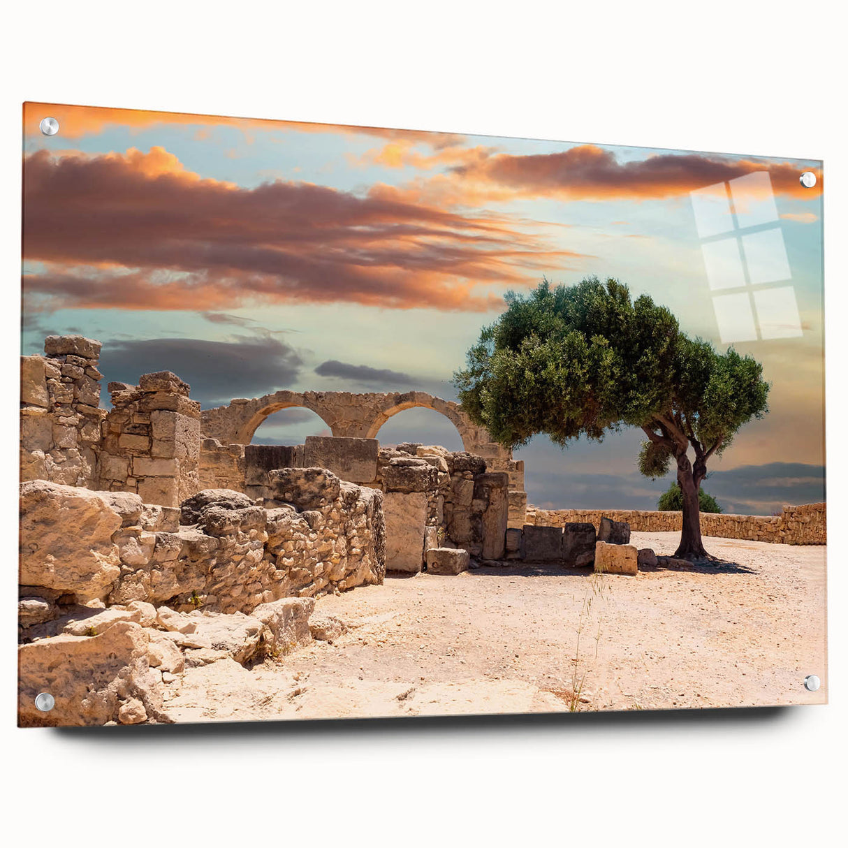 Acrylic print of a large abstract depiction of a European landscape in muted earth tones, ideal for dining room decor.