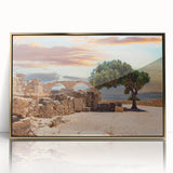Mid-century modernist art depicting a serene European Cyprus landscape in muted earth tones on a framed acrylic print.