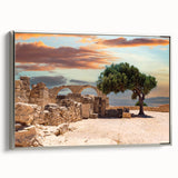 Framed canvas landscape art painting of a European scenery in Cyprus, featuring vibrant colors on a black background.