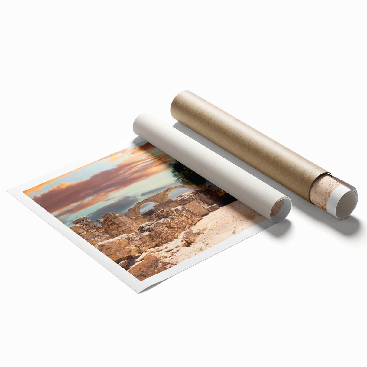 Extra large rolled print of a European Cyprus landscape with floral elements in soft pastel shades.