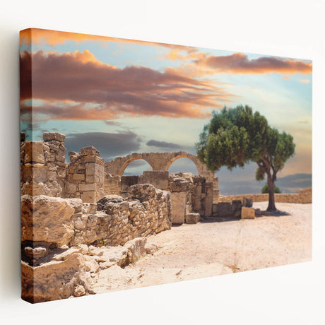 Large art of a European Cyprus landscape in muted earth tones on stretched canvas, ideal for kitchen wall art.
