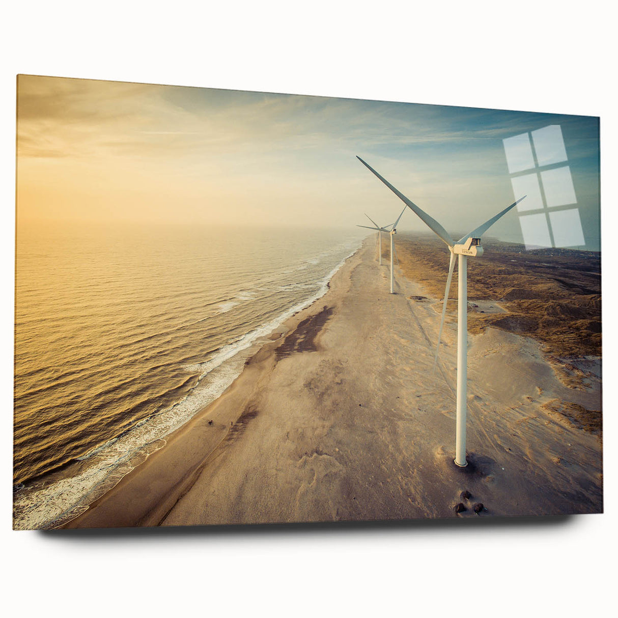 Large abstract wall art depicting a serene Danish landscape in cool blue and green tones on acrylic glass.